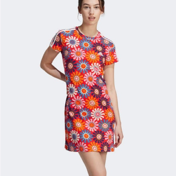 FARM Rio Dresses & Skirts - Adidas x FARM Rio NWT Slim Floral Shirt Dress Vivid Red Bliss Pink Small S